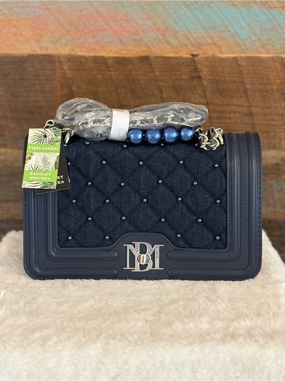Badgley Mischka Quilted Navy Crossbody with Bead Chain Detail